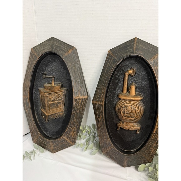 Coffee Grinder Dart Ind Wall Hangings Vtg 1970s Copper Look Plastic 12" Set of 2 - Picture 7 of 12